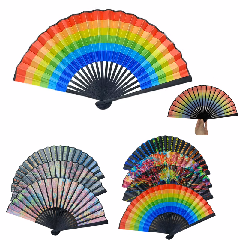 Single-sided Satin Colored Folding Fan With Bamboo Handle