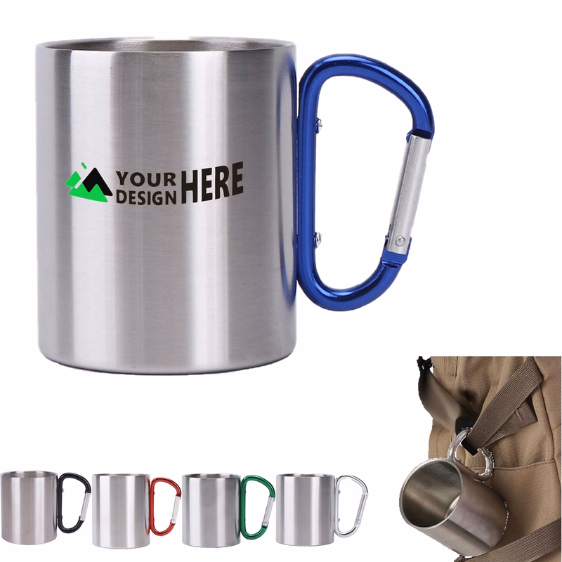 10 oz Carabiner Camping Stainless Steel Mug MOQ 50
