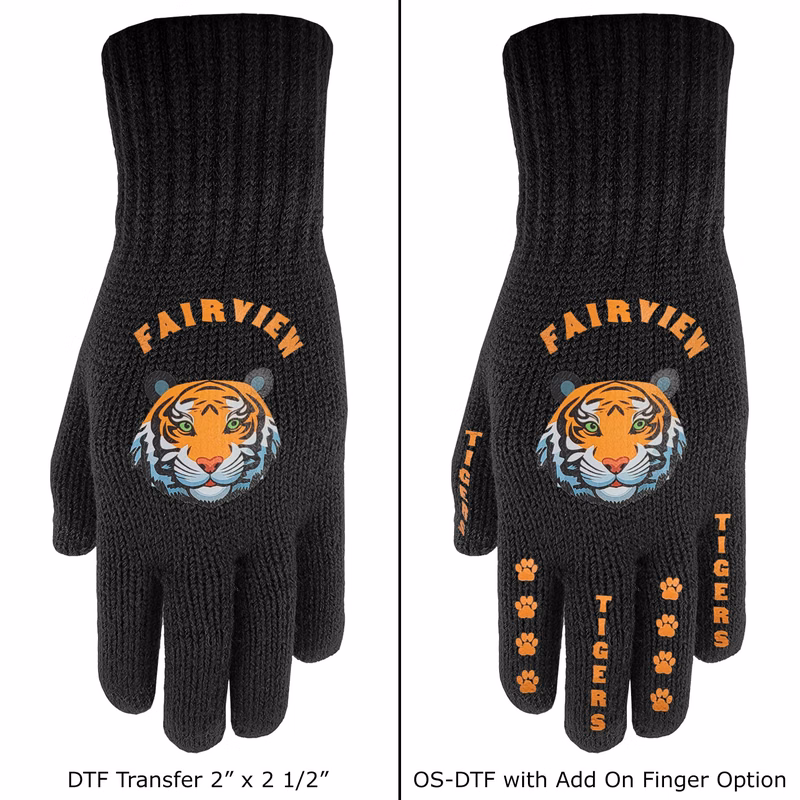 Deluxe Knit Text Gloves with Oversized DTF on Top of Hand and Fingers