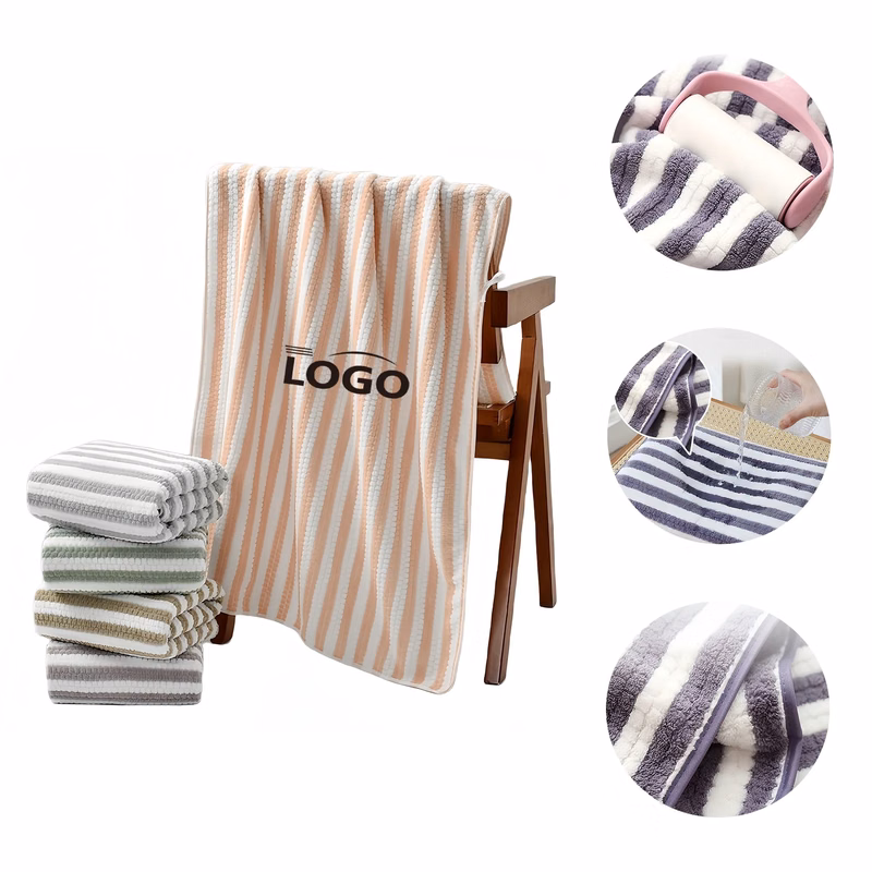 Soft Striped Coral Fleece Towel Ultra Absorbent