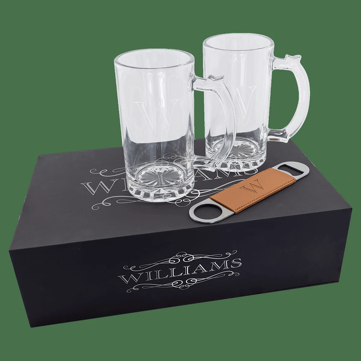 Lazerburst 14 oz Black Beer Set with Two Mugs and One Rawhide Leatherette Bottle Opener 1