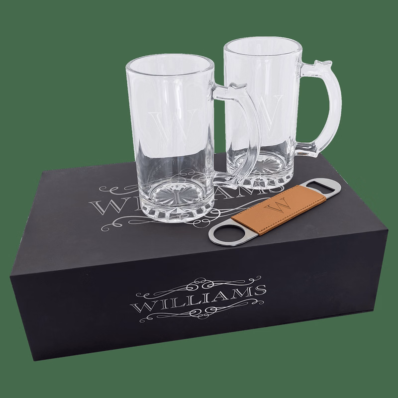 Lazerburst 14 oz Black Beer Set with Two Mugs and One Rawhide Leatherette Bottle Opener