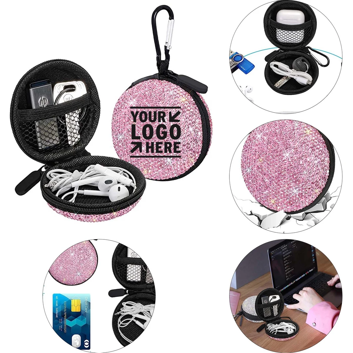 Bling Rhinestone Crystal Portable Headphone Organizer Storage Pouch Bag 1