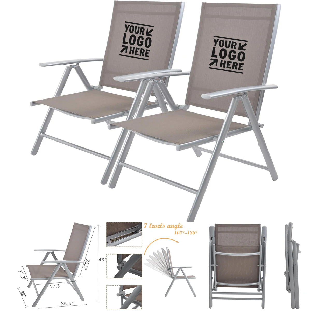 Patio Adjustable Reclining Back Sturdy Aluminum Frame Garden Outdoor Folding Sling Armrest Chair
1
