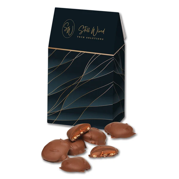 Caramel Pecan Clusters in Navy & Gold Gable Top Gift Box 1