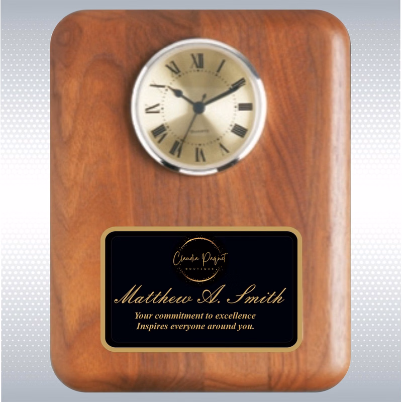 Walnut Round Edge Solid Wood Plaque W/ Clock (9" X 12")
