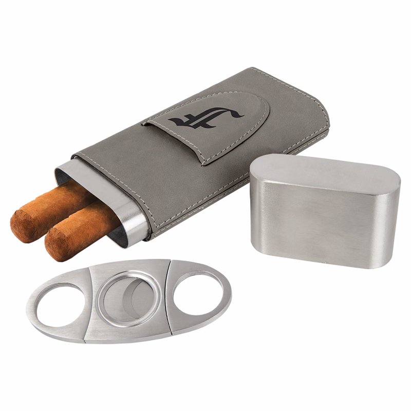 Gray Leatherette Cigar Case with Cutter