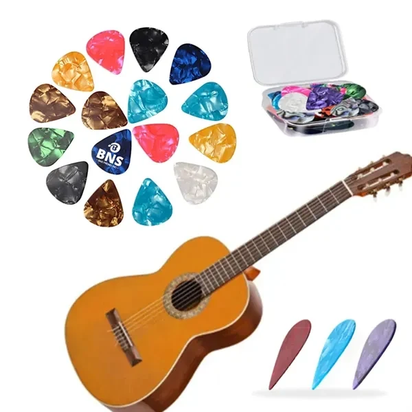 Multi-coloured Celluloid Guitar Plectrum with Storage Case 1