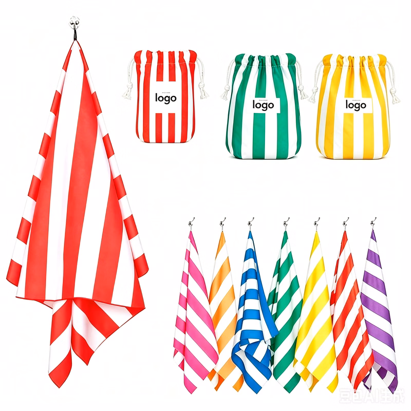 Microfiber Striped Beach Towel with Pouch