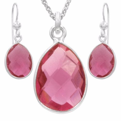 Antwerp Sterling Silver Pink Quartz Earrings and Necklace Set