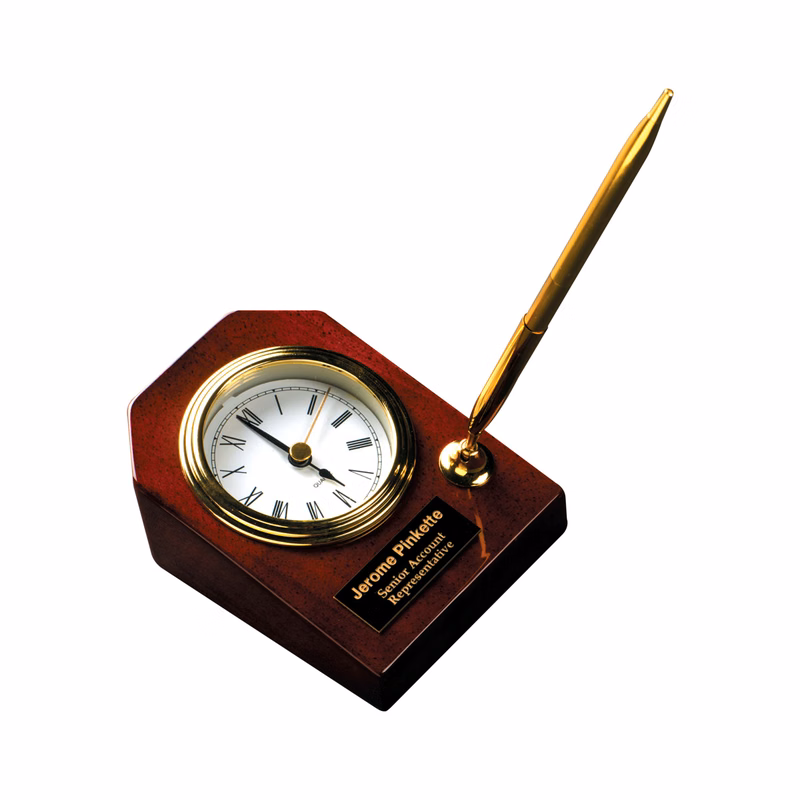 3 5/8" x 4" Rosewood Piano Finish Desk Clock with Pen