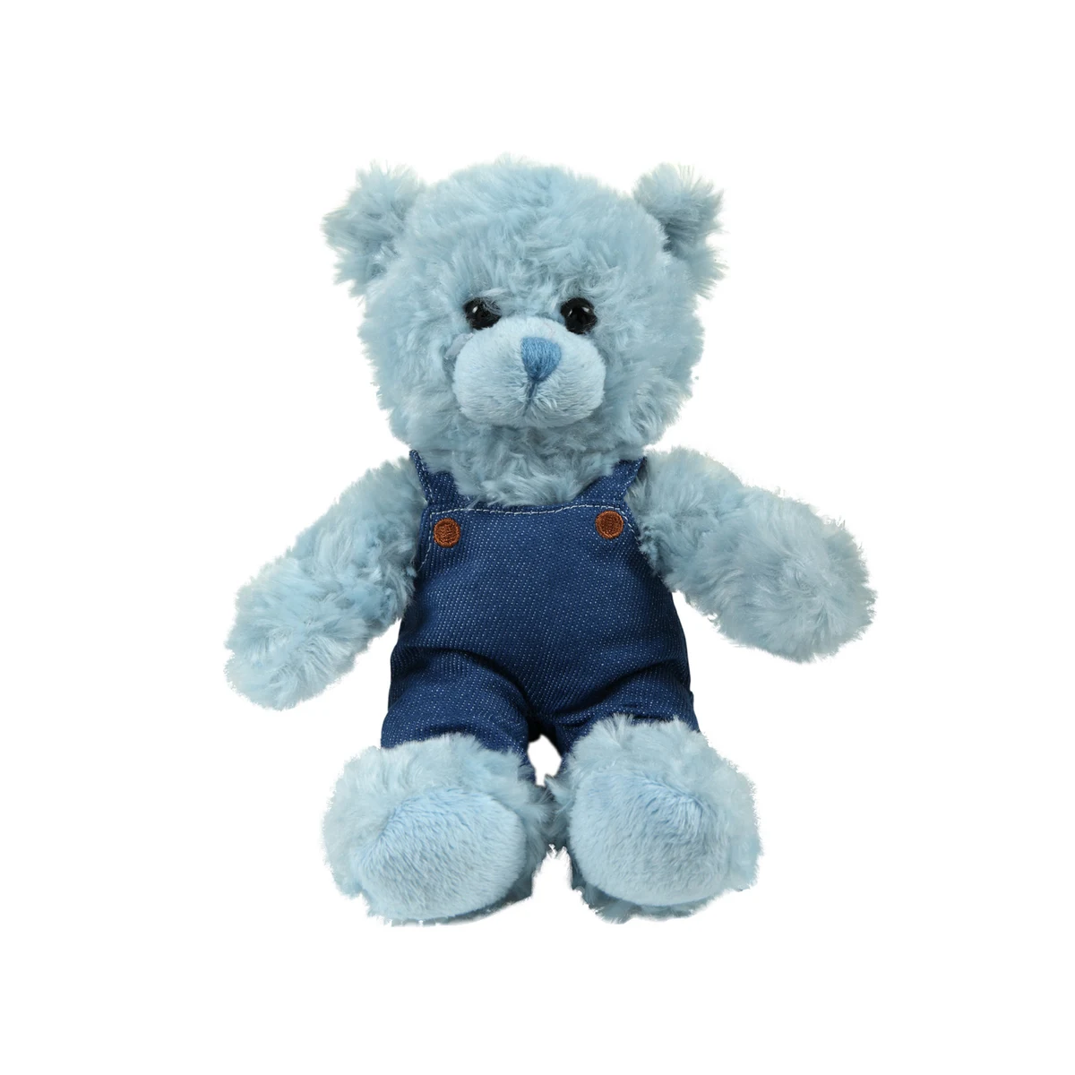soft plush Blue Curly Sitting Bear in denim overall 1
