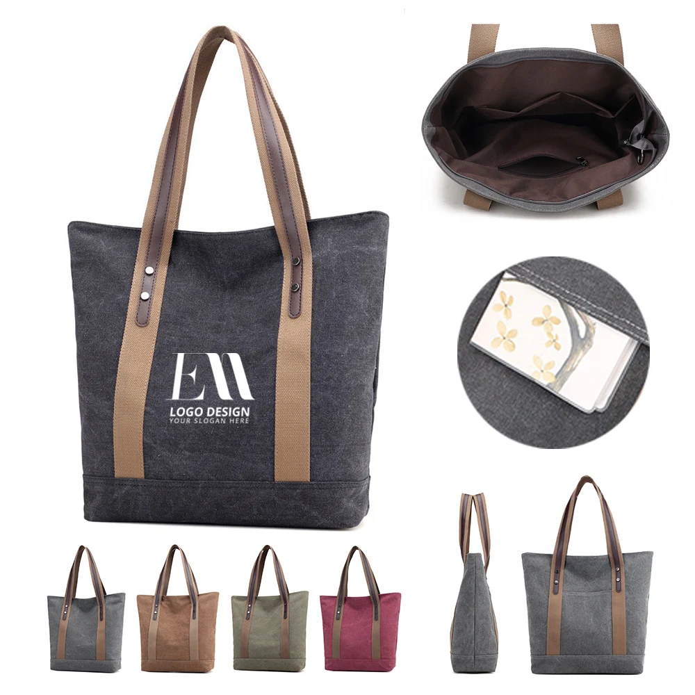 Canvas Tote Large Capacity Reusable Shopping Bag, custom tote bag with logo imprint 1