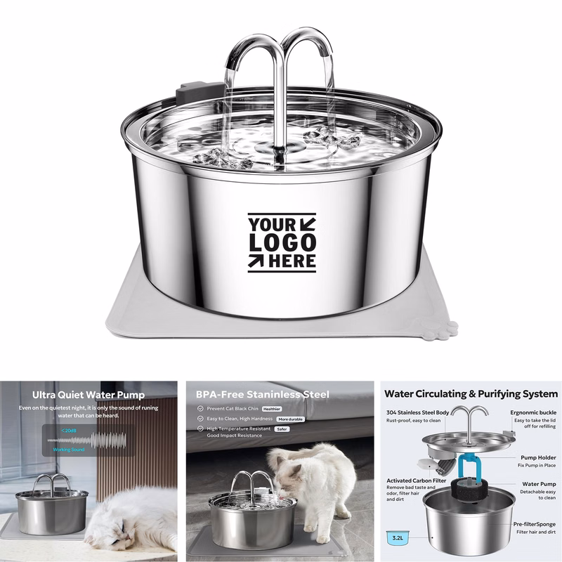 3.2L/108oz Automatic 304 Stainless Steel Pet Cat Dog Water Fountain Dispenser