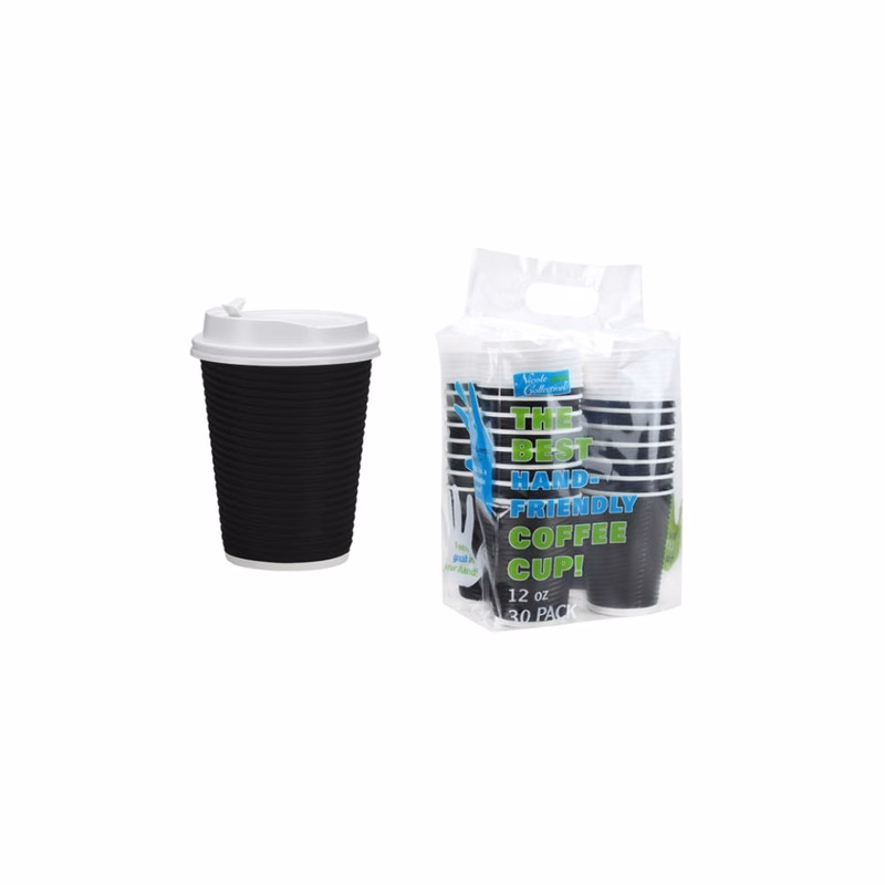 Ripple Hot Cups with Lids - Black 12 oz 30 Pack