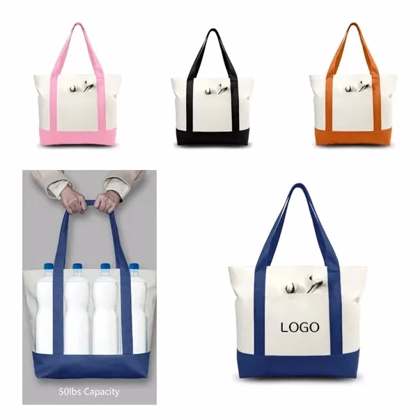 Cotton Canvas Tote Bag with Top Zip Closure