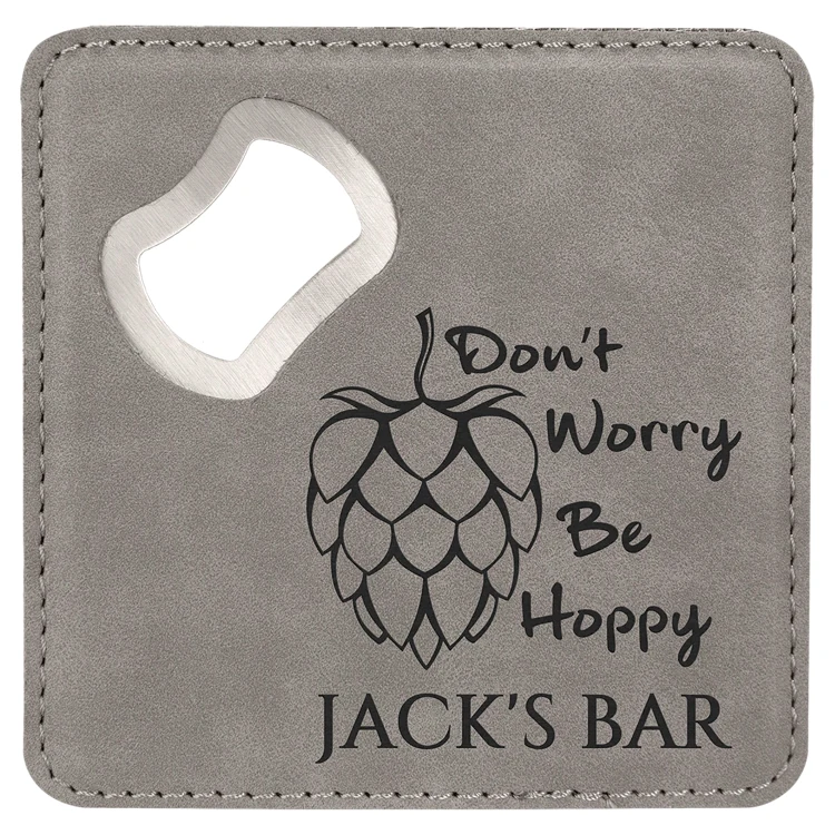 4" x 4" Square Gray Leatherette Bottle Opener Coaster 1