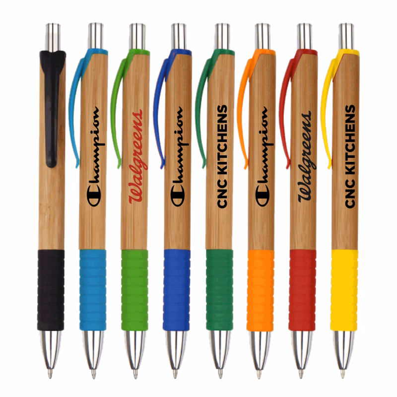 Eco Friednly - Click Action Pen - Bamboo Barrels with Solid Colored Grip and Pocket Clip