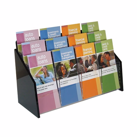 Wall Mount Brochure Holder, Clear w/Black Ends, 3-tier, 12 pockets