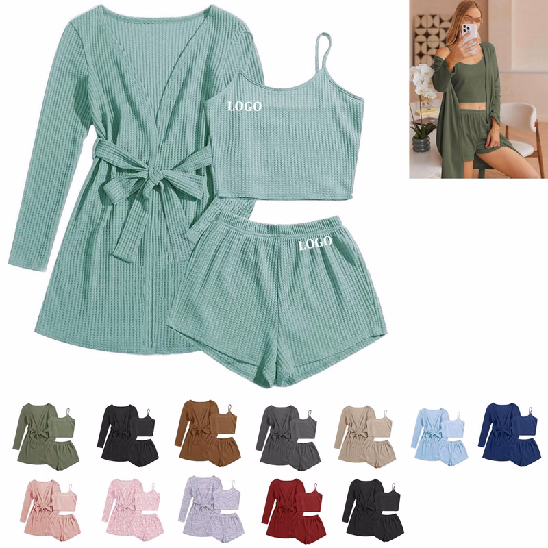  Womens 3 Piece Waffle Knit Pajama