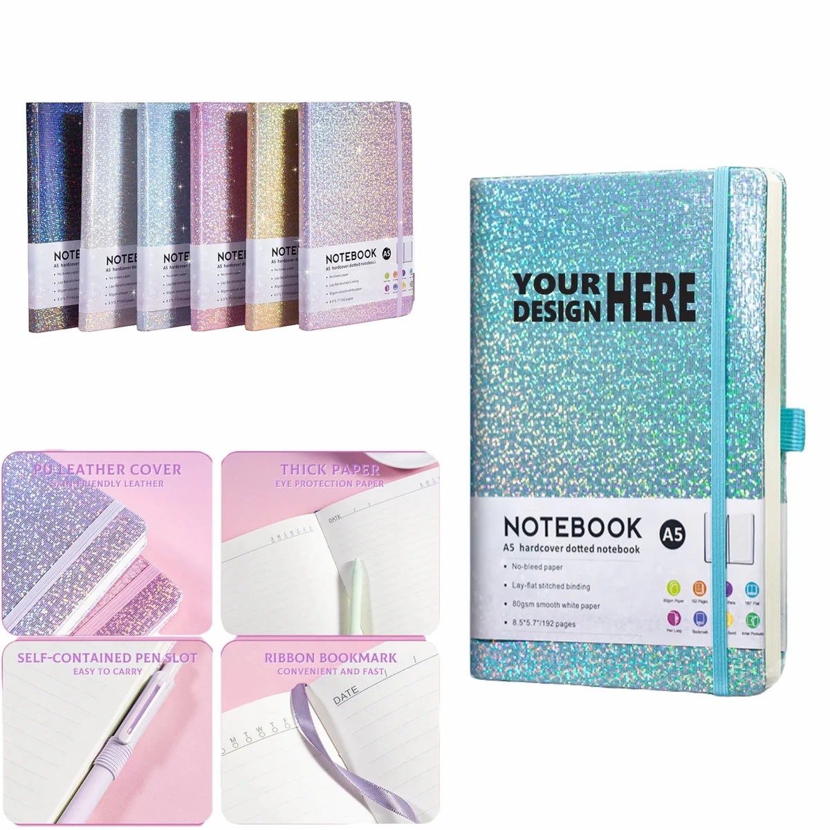 A5 Glitter Notebook, PU Leather, Pen Slot, Elastic Band, Cus 1