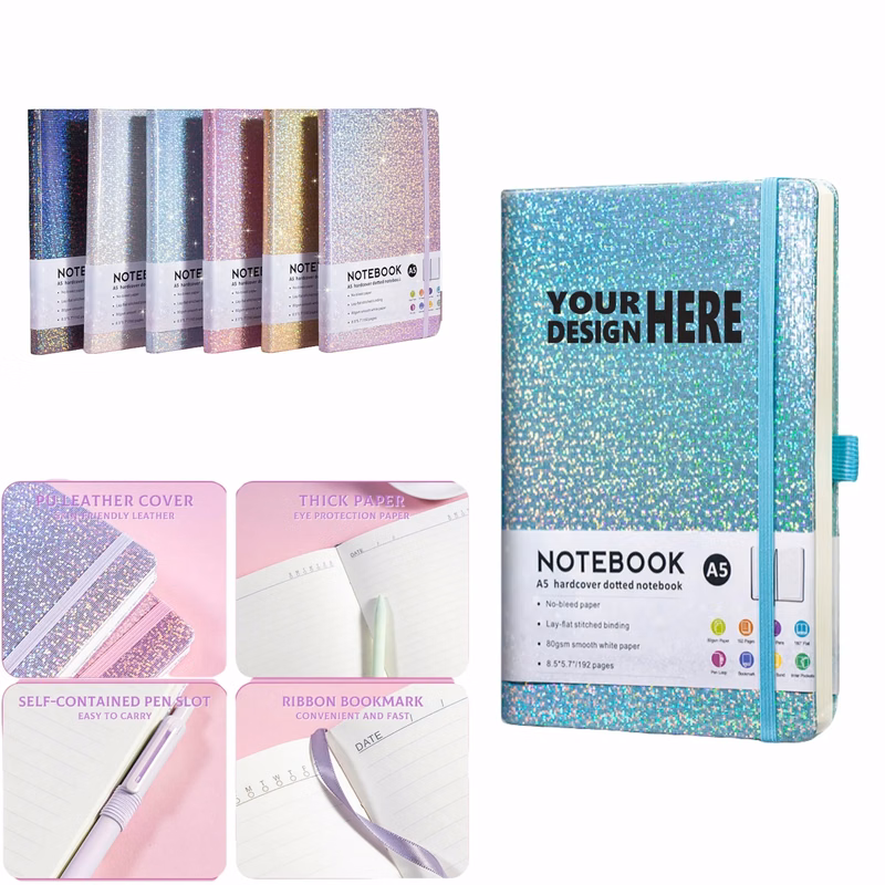 A5 Glitter Notebook, PU Leather, Pen Slot, Elastic Band, Cus