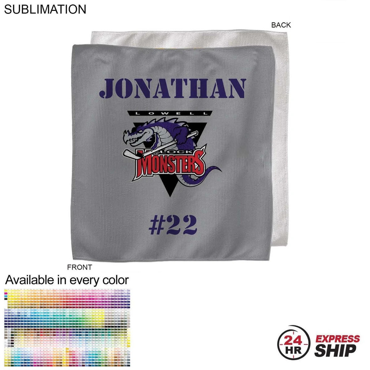24 Hr Express Ship - Team Towel in Microfiber Dri-Lite Terry, 15x15, Sublimated sweat towel 1