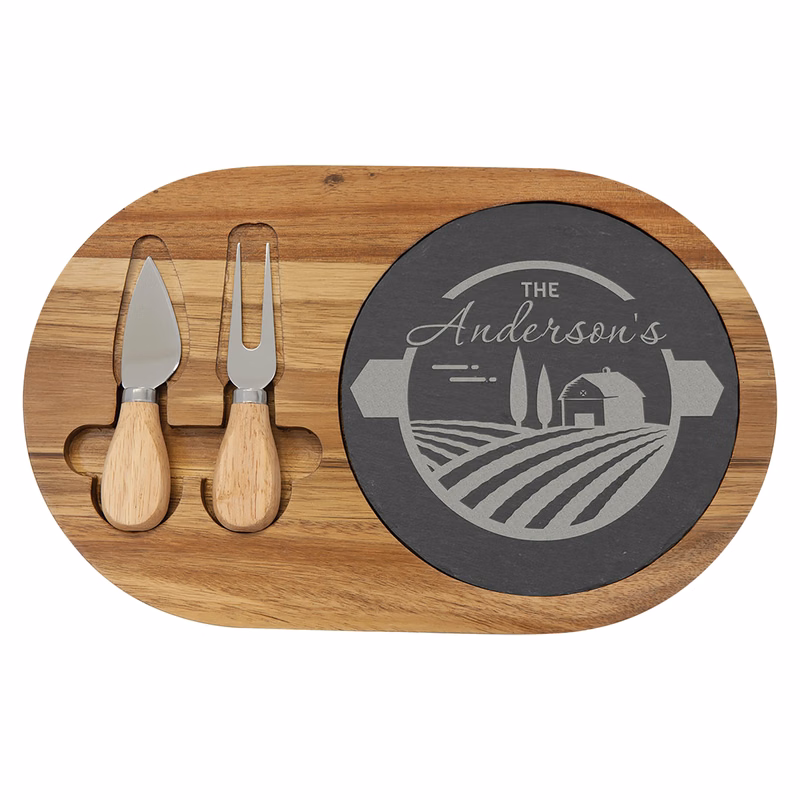 12 1/2" x 7 3/4" Acacia Wood/Slate Oval Cheese Set w/ Two Tools