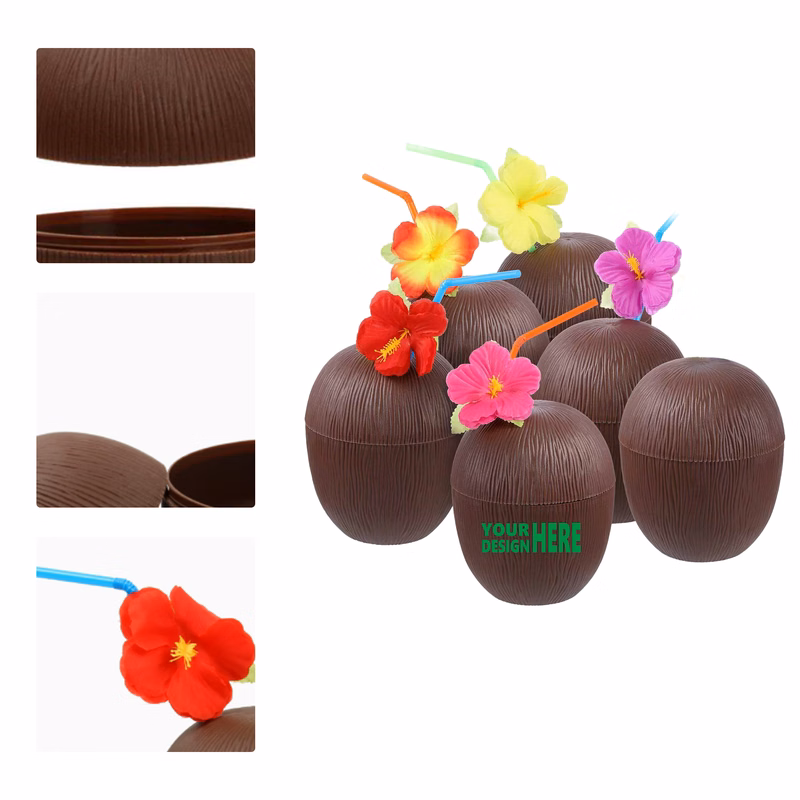 MOQ 50 Hawaiian Party Coconut Cup Pine Cup with Hibiscus Flower Straw