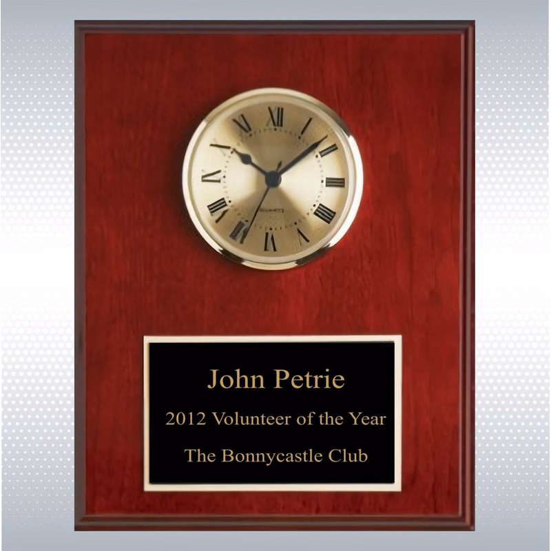 Mahogany Finish Solid Wood Plaque W/ Clock (7" X 9")