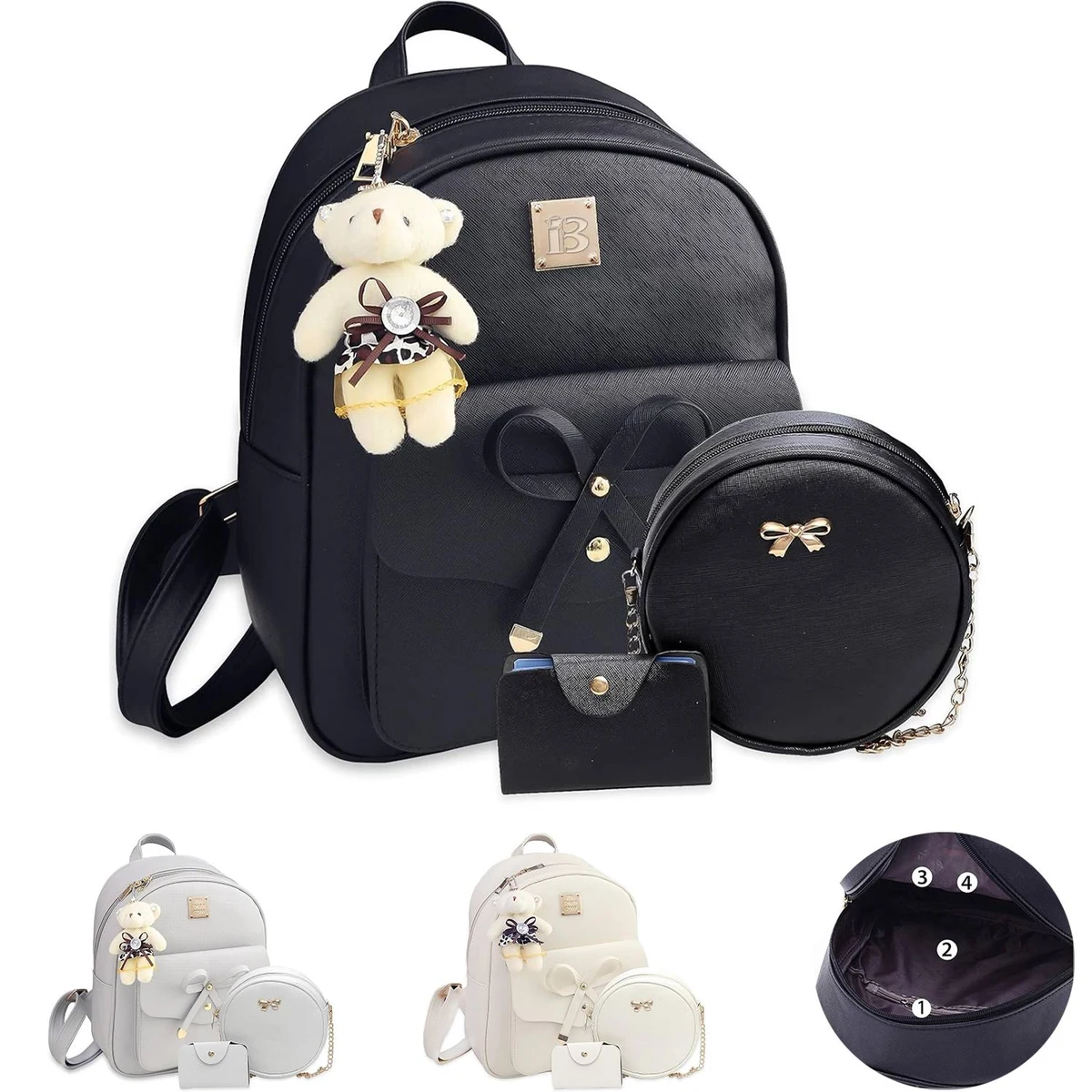 3 Pcs PU Leather Girls Bowknot Backpack Set 1