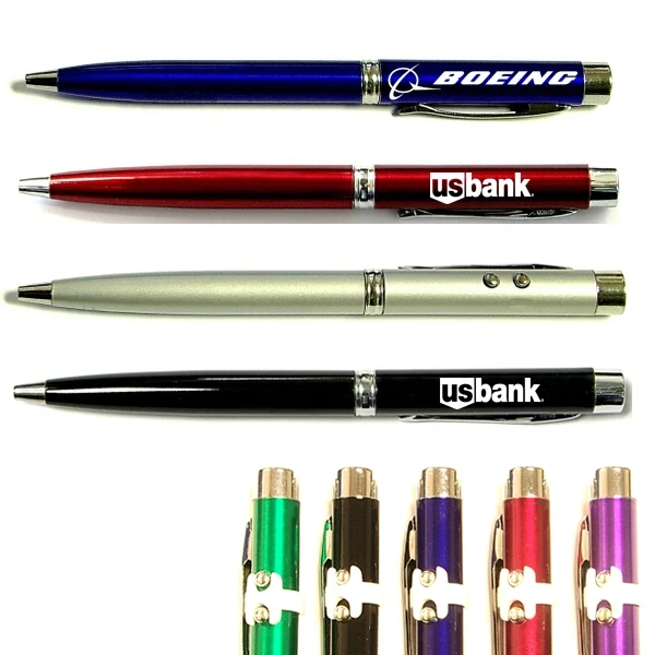 Twist action ballpoint pen with laser pointer and flashlight. 1