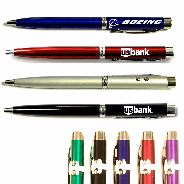 Twist action ballpoint pen with laser pointer and flashlight.