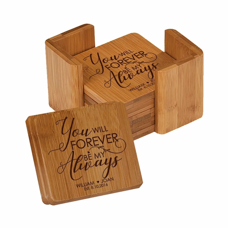 6 Square Bamboo Coaster Set with Holder