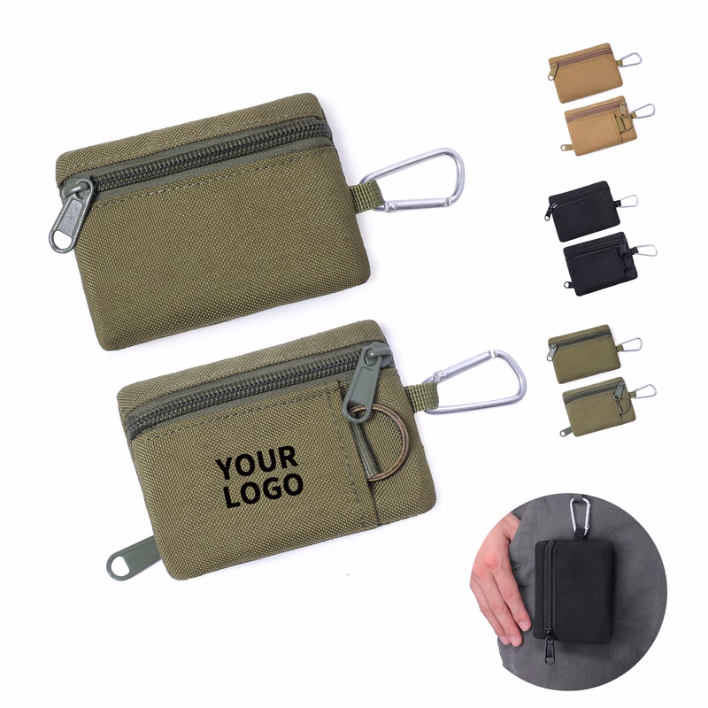 Polyester Zipper Coin Purse With Carabiner Clip Pocket Case