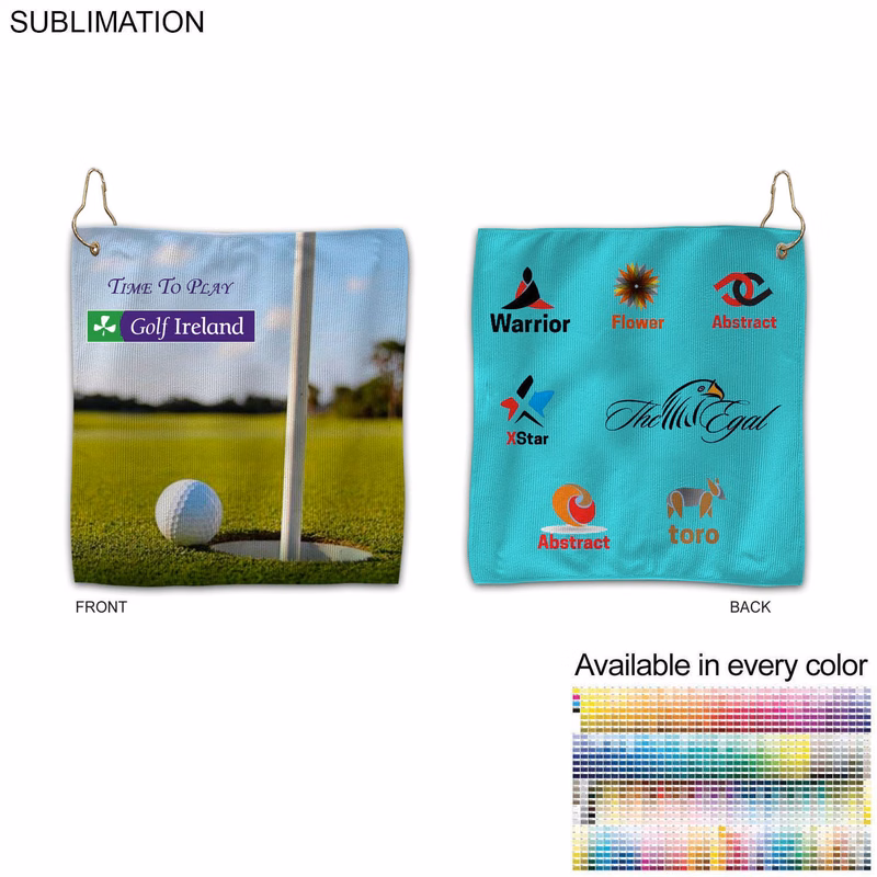 Colored Microfiber Dri-Lite Terry Golf Towel, 12x12, Nofold Grommet & Hook, Sublimated 2 sides