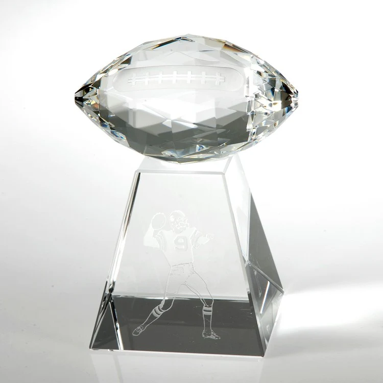 3 3/4" Faceted Football Crystal Award w/Tall Base 1