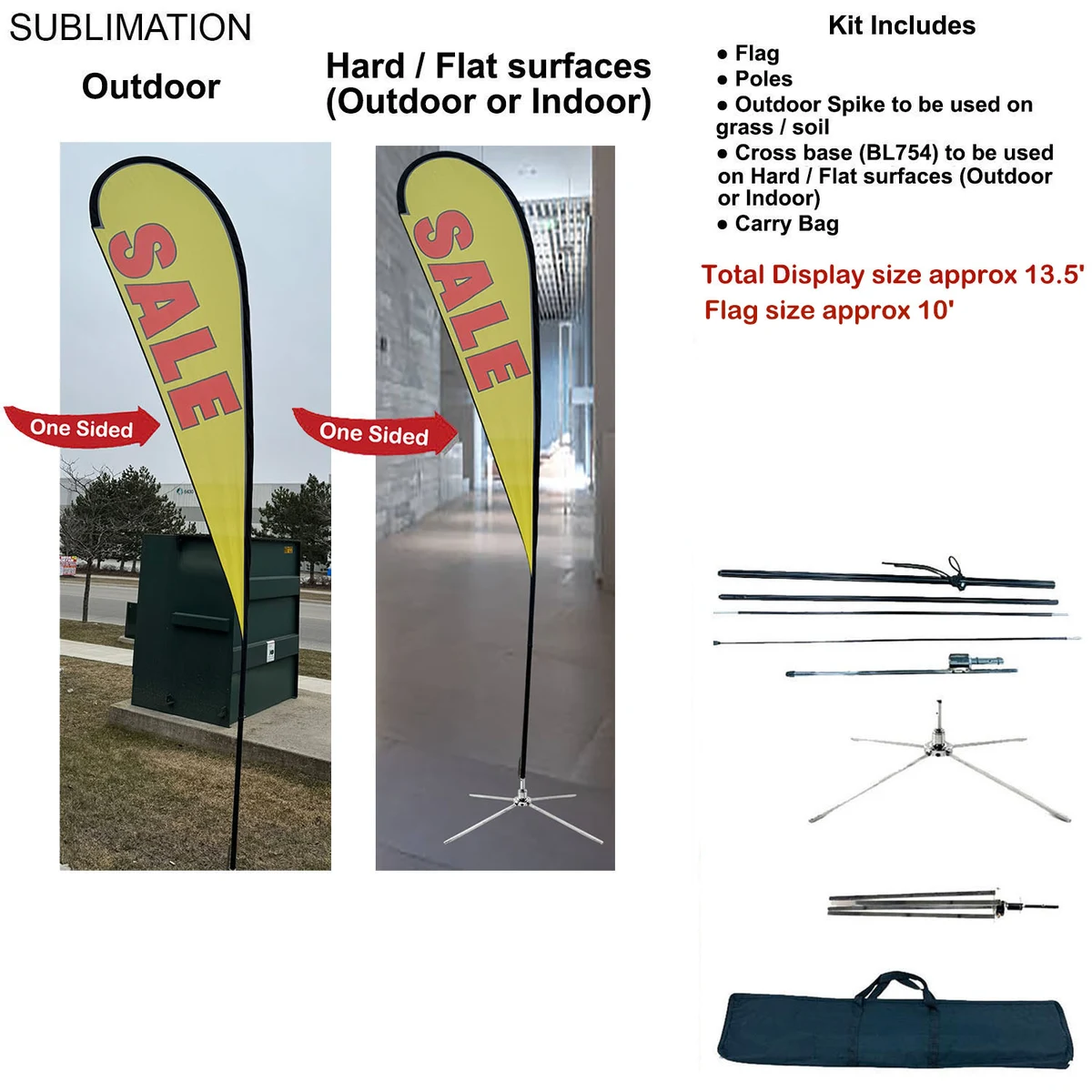 13.5' Large Tear Drop Flag Kit, Full Color Graphics One Side, Outdoor Spike base, Indoor Cross Base 1