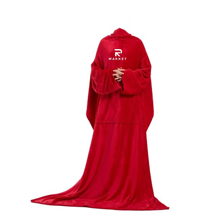 Large Fleece Plush Sleeved Wrap Robe Blanket functional wearable blanket with sleeves 1
