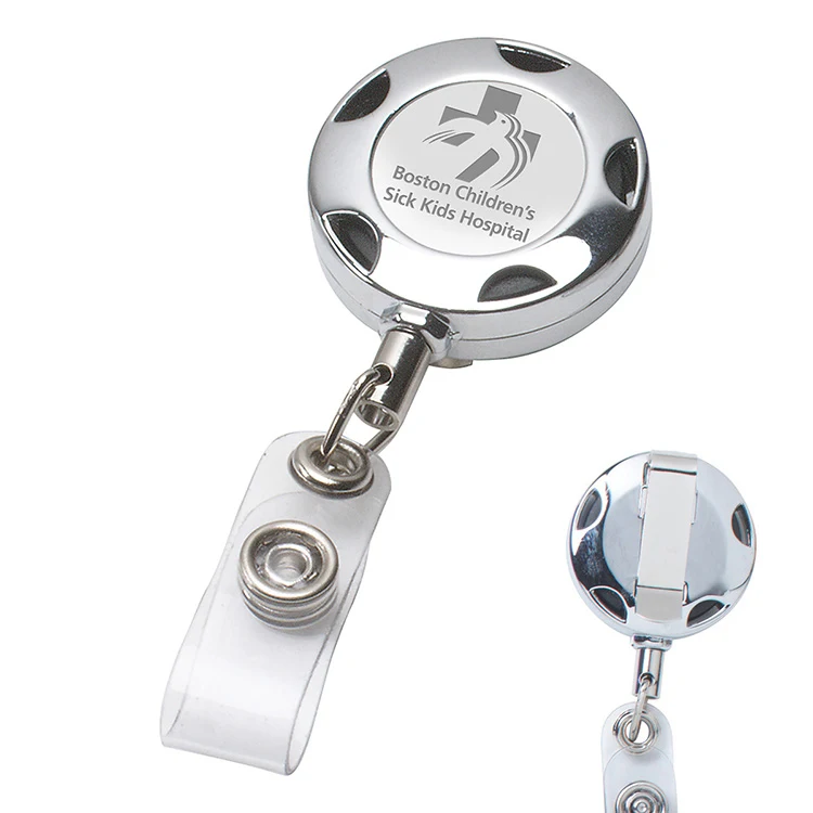 32" Cord Round Chrome Solid Metal Sport Retractable Badge Reel and Badge Holder with Laser Imprint 1