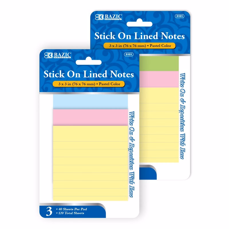 Stick On Notes - 3 Count Lined 40 Sheets Each