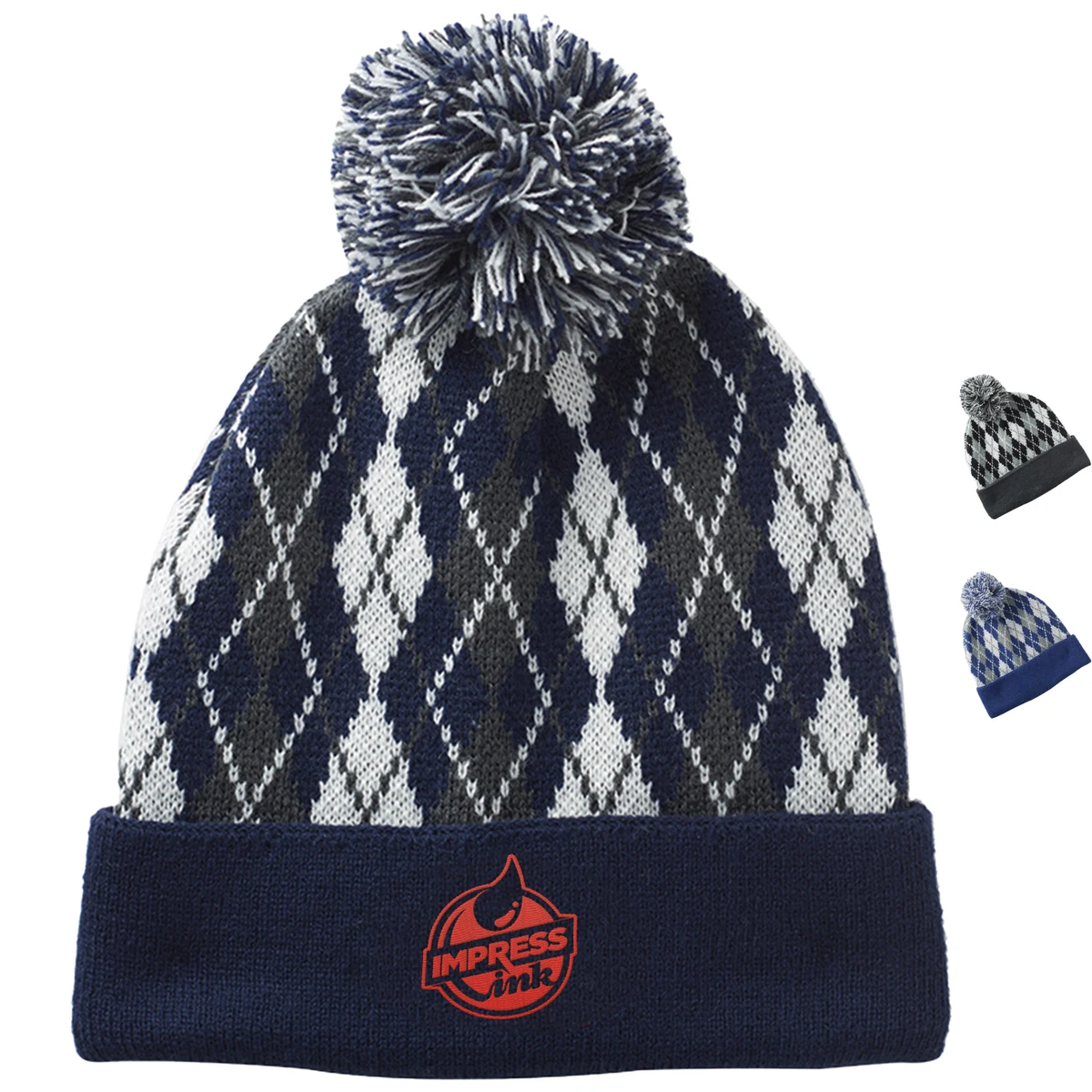 Knitted Pompom Beanies with a Diamond Pattern Design 1