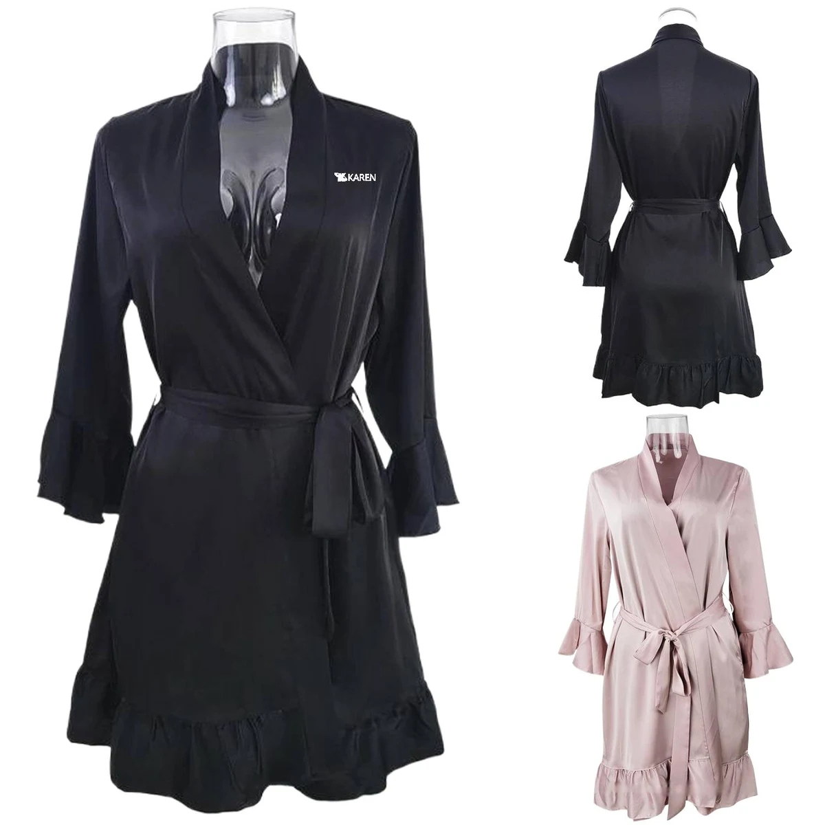 Women Polyester Flounced Hem Robe 1