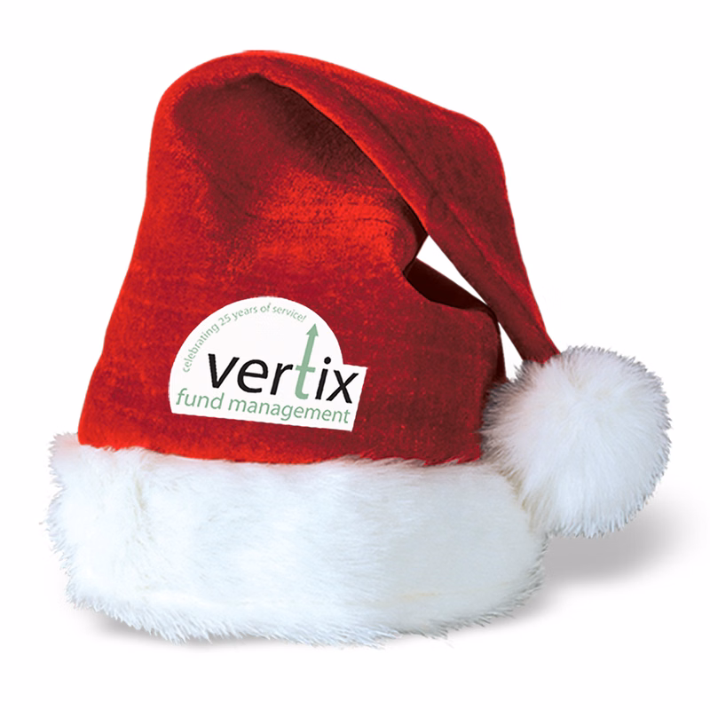 Velvet Red Santa Hat w/ Plush White Trim w/ Custom Shaped Heat Transfer
