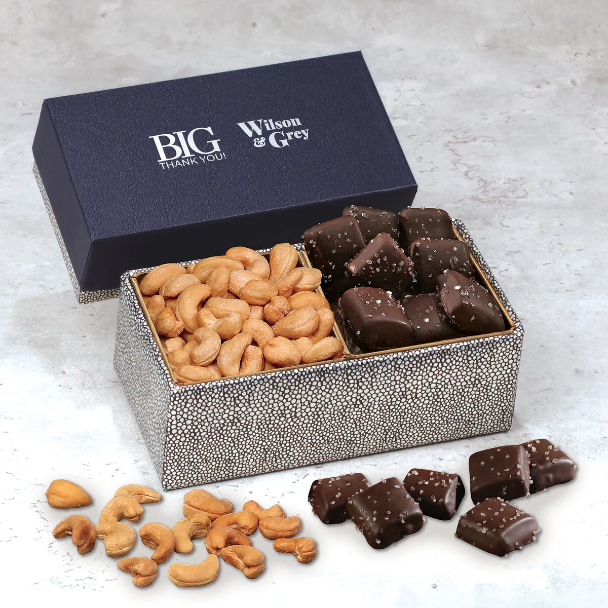 Cashews & Chocolate Sea Salt Caramels in Navy & Silver Gift Box 1