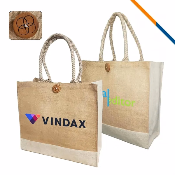 Custom Laminated Jute Tote Bag with Tie Closure — Natural Eco Friendly Grocery