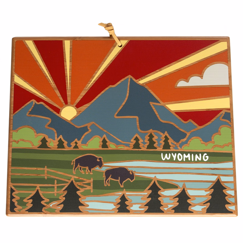 Wyoming State Shaped Serving and Cutting Board with Artwork by Summer Stokes