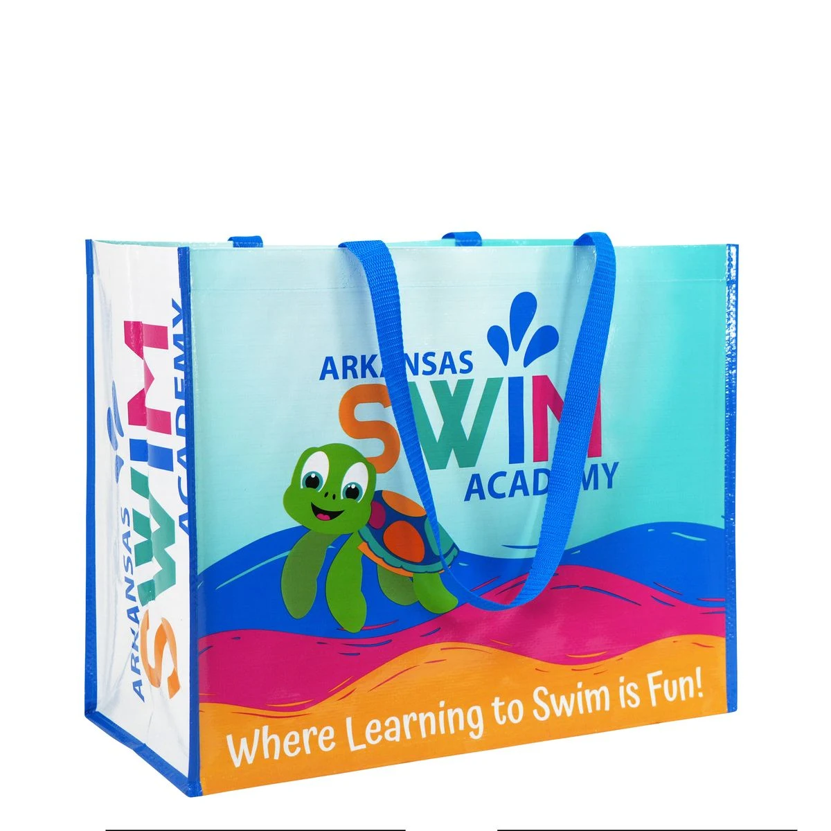Custom Full-Color Laminated Woven PP Swimming School Promotional Bag 18"x15"x10" 1
