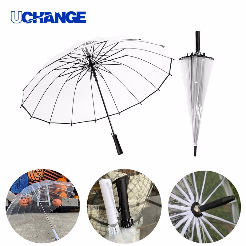 16-Bone Transparent Straight Handle Umbrella for Rain Use