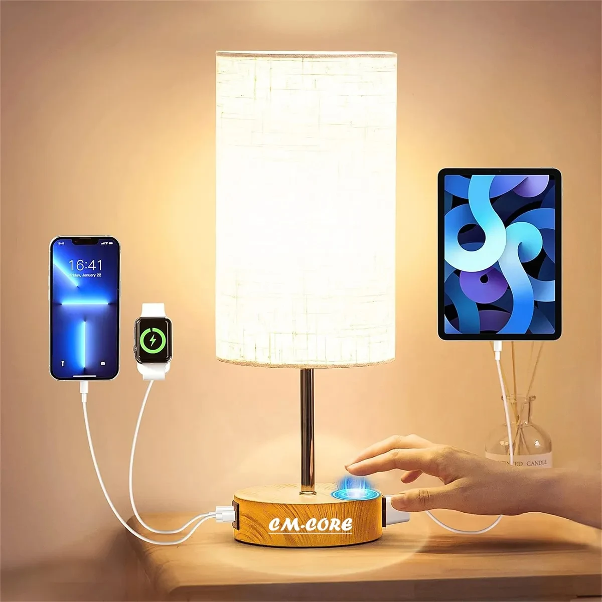 Linen Fabric Shade Bedside Touch Control Table Lamp 1